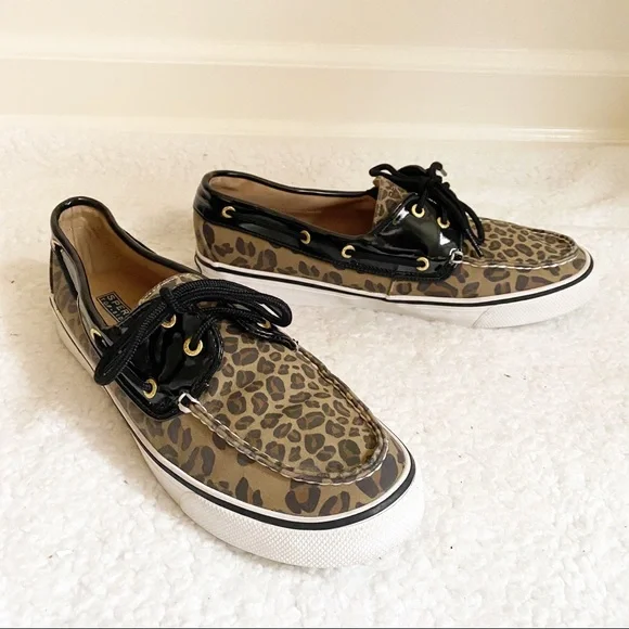Sperry Leopard Biscayne Patent Leather Top Sider Boat Shoe Tan Black 10 - Picture 3 of 13